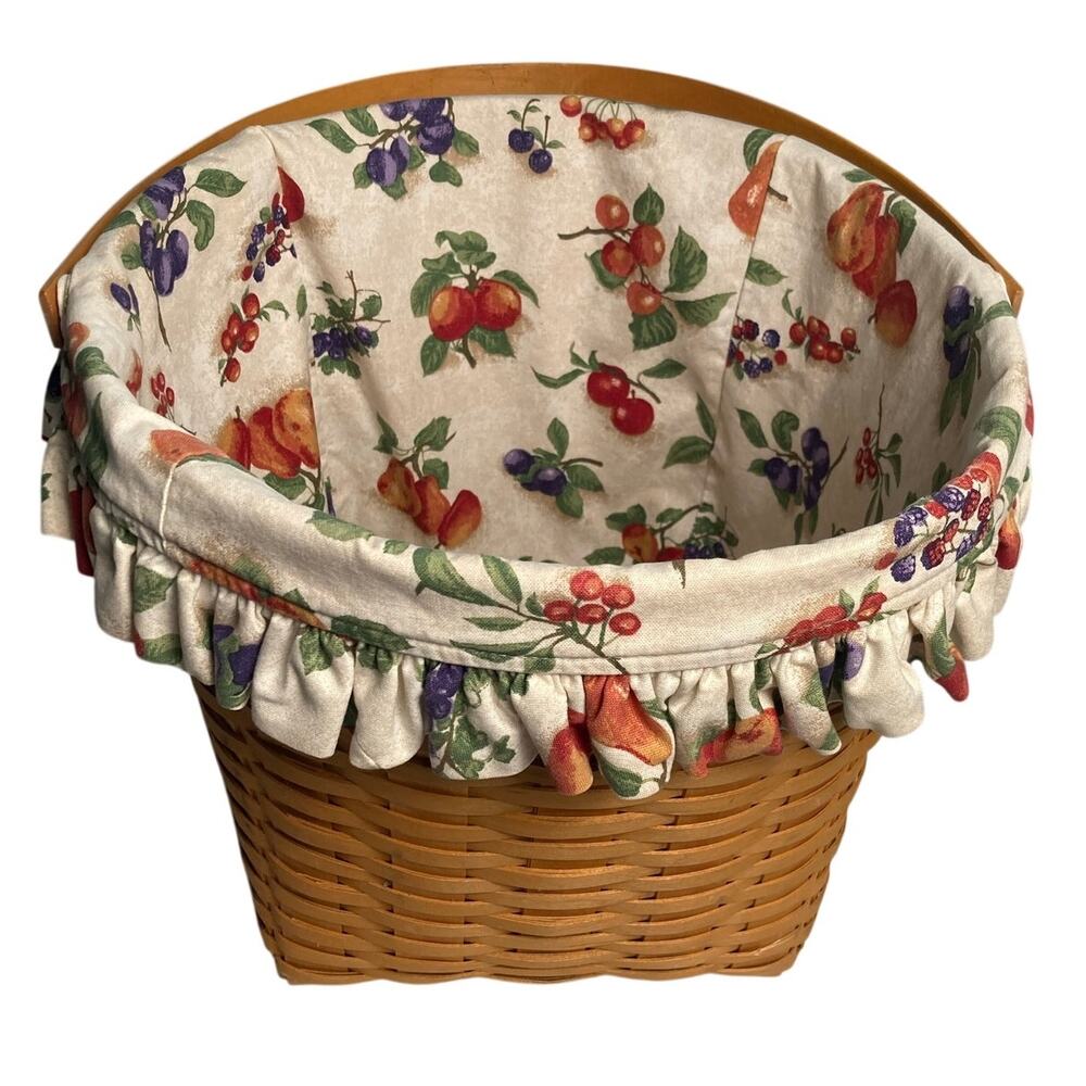 2002 Longaberger Tall Basket with Handle & Fruit Medley Cloth Liner "READ"